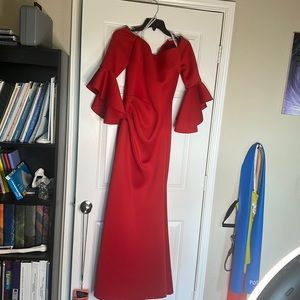 Betsy & Adam size 8 red gown with red bell sleeves, worn once